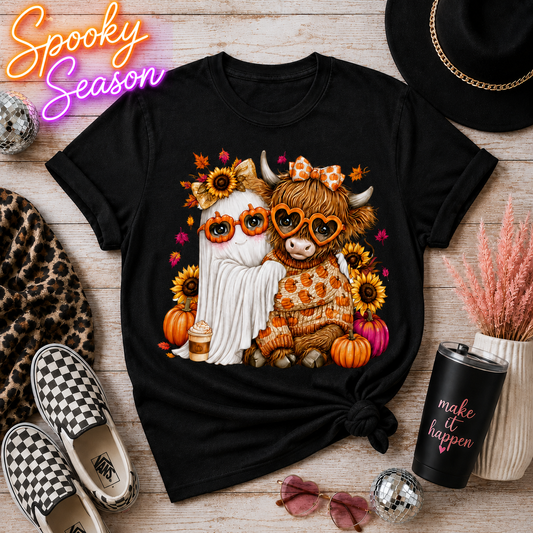 Fall Besties Ghost & Highland Cow Graphic Tee