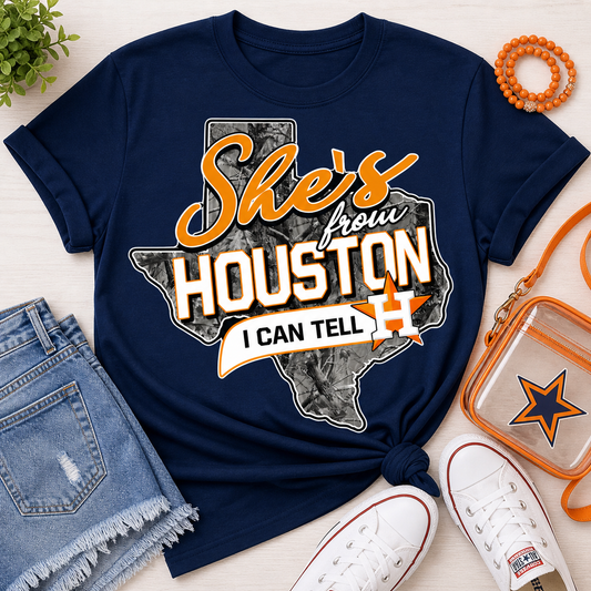 She’s From Houston I Can Tell Camo Graphic Tee – Navy Shirt | Houston Pride | Boutique Game Day Tee