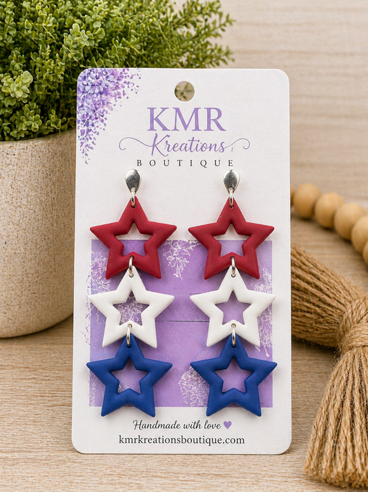 Patriotic Cutout Star Dangle Earrings – Red, White & Blue | Lightweight Handmade Statement Earrings