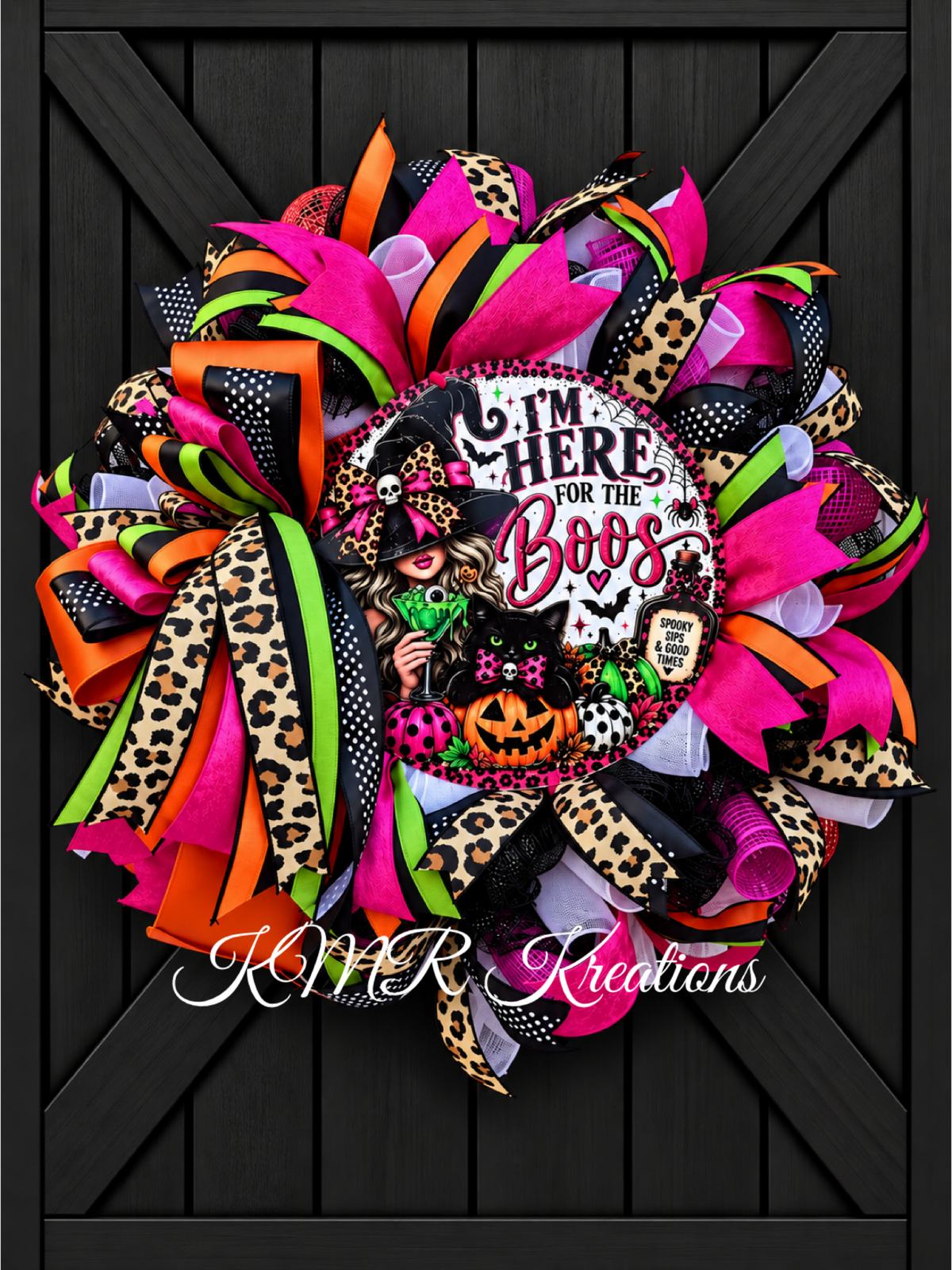 I’m Here for the Boos Halloween Wreath | Pink Leopard Witch Door Wreath