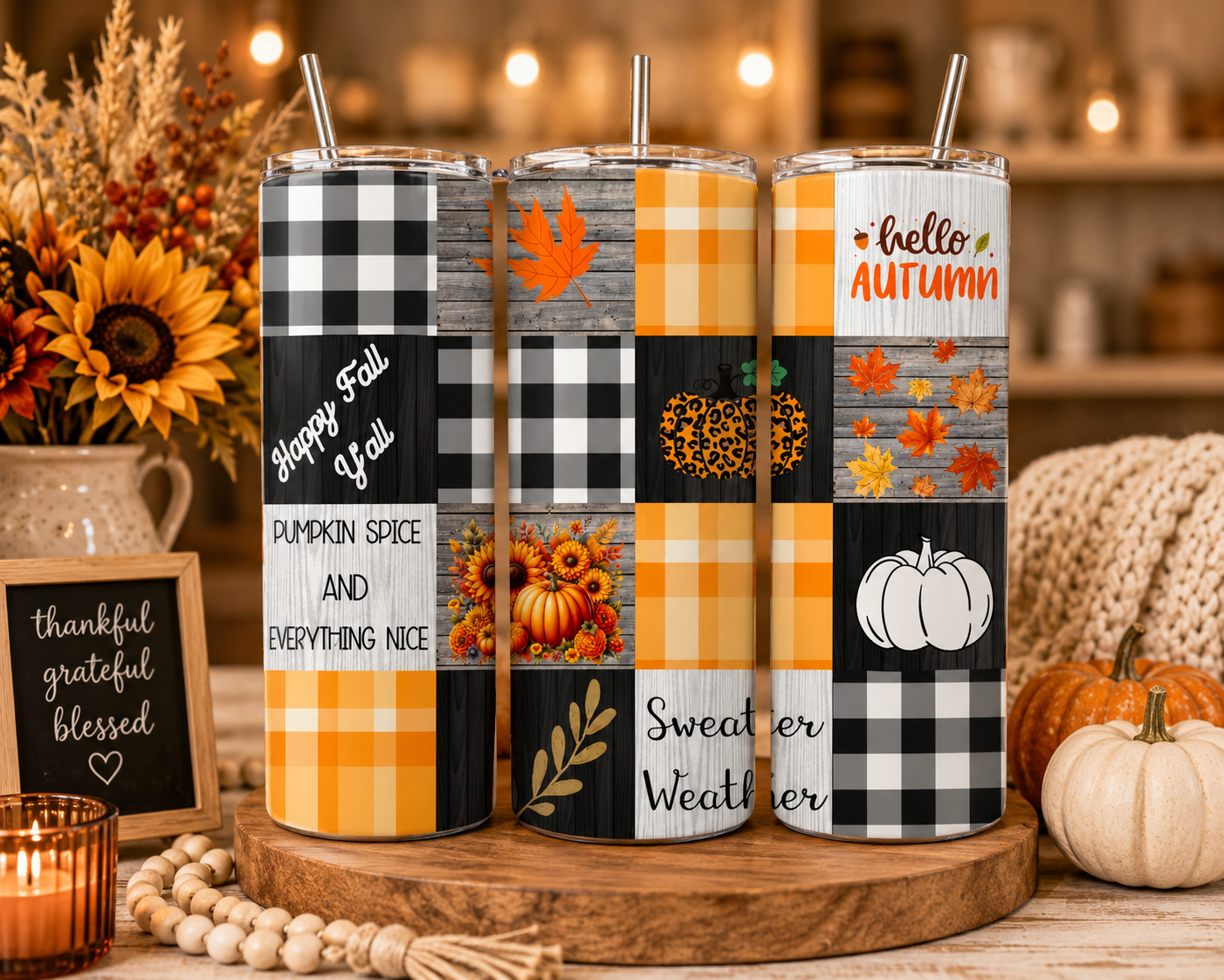 Happy Fall Y’all Patchwork Tumbler – 20 oz Stainless Steel Skinny Tumbler