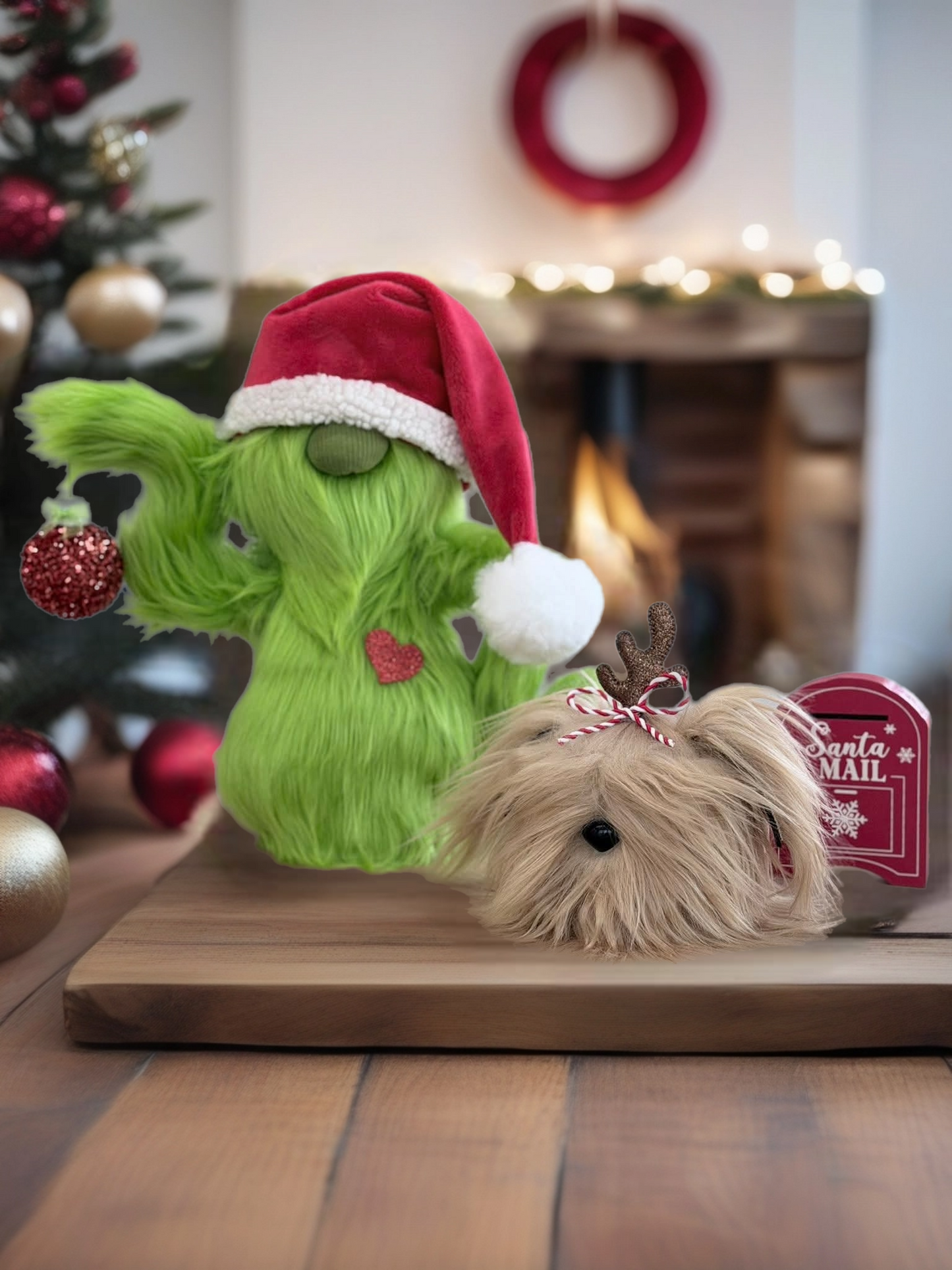 Green Furry Holiday Buddy & Reindeer Pup Décor Set