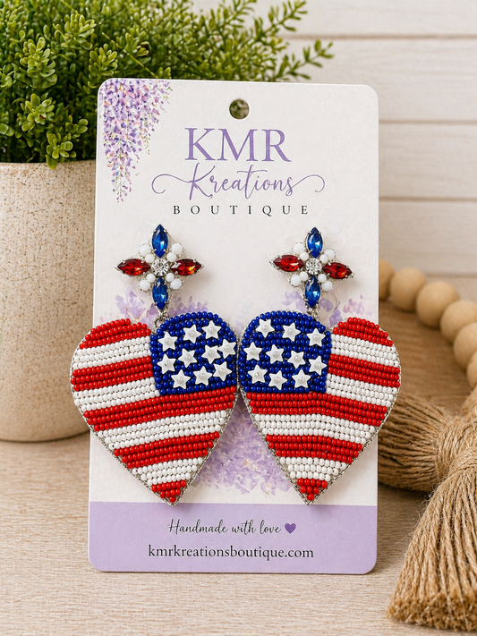 Patriotic Beaded Heart Earrings – American Flag Statement Earrings | Red, White & Blue Jewelry