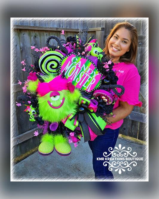 Candy Monster Wreath, Halloween Decor, Whimsical Wreath, Sweet And Spooky, Front Door Goals