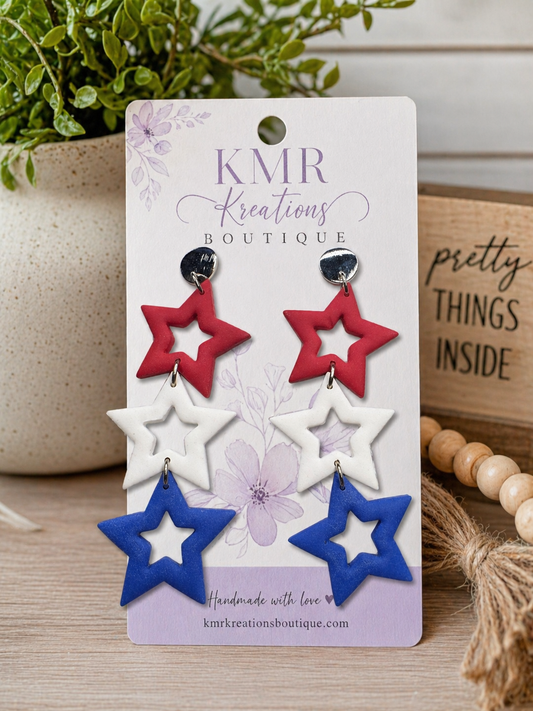 Patriotic Cutout Star Dangle Earrings – Red, White & Blue | Lightweight Clay Statement Earrings