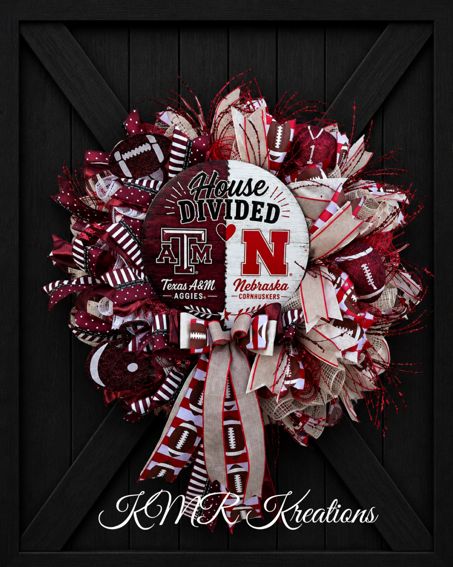 House Divided Texas A&M & Nebraska Collegiate Football Wreath