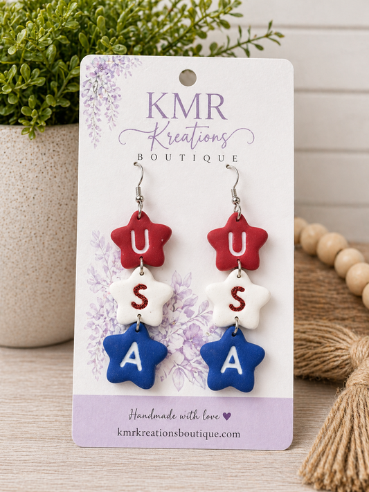 USA Star Dangle Earrings – Patriotic Clay Earrings | Red, White & Blue Handmade Jewelry