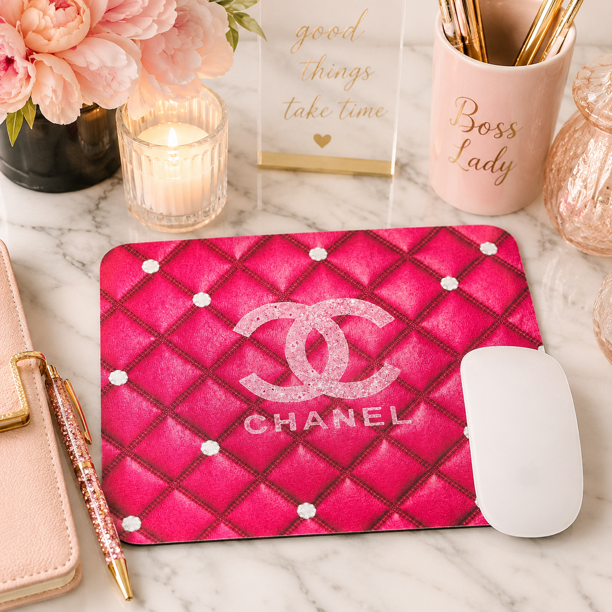 Pink Quilted Glam Mouse Pad | Chic Office Desk Accessory