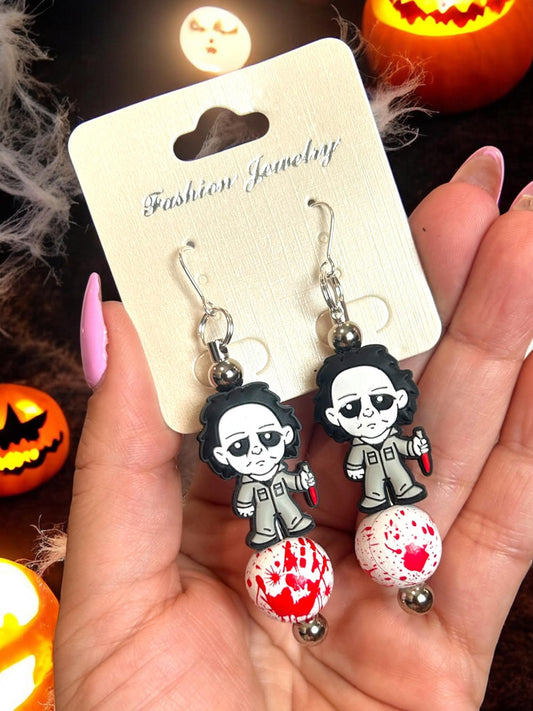halloween earrings, michael myers jewelry, spooky earrings, horror accessories, halloween dangle earrings, scary movie earrings, handmade halloween, blood splatter earrings, horror gifts, halloween fashion
