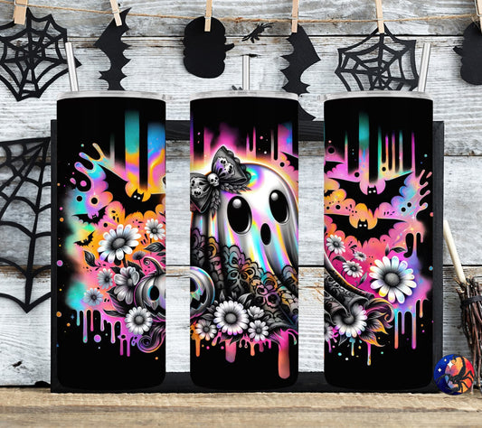 Halloween Tumbler, Ghost Tumbler, Holographic Tumbler, Spooky Tumbler, Rainbow Ghost, Bat Cup, Stainless Steel Tumbler, Halloween Drinkware, Creepy Cute