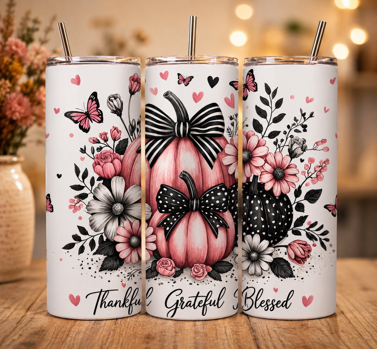 Thankful, Grateful & Blessed Pink Pumpkin Tumbler