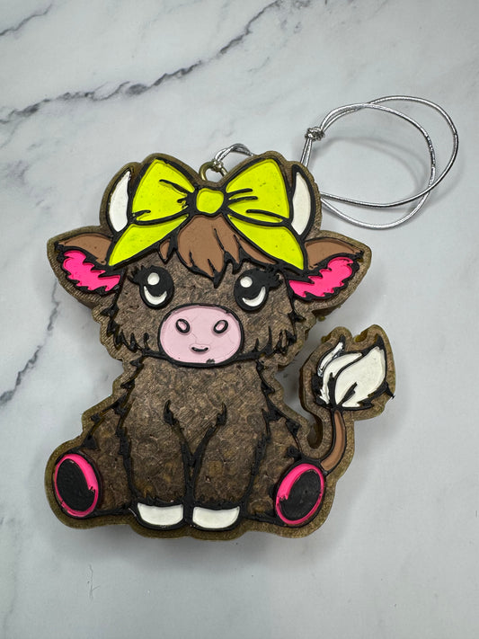 Highland Cow with Bow Car Freshie, Pink and Yellow Cow Car Freshie, Gift for Her