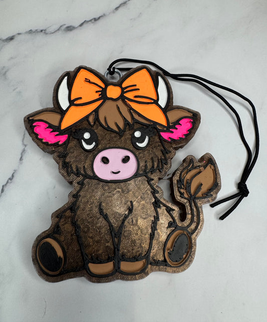 Highland Cow with Bow Car Freshie, Pink and Orange Cow Car Freshie, Gift for Her