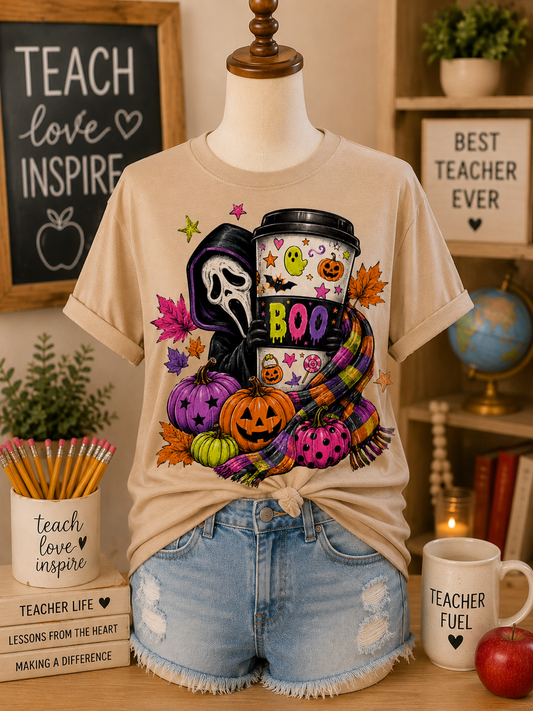 Boo Coffee Teacher Graphic Tee | Light Brown Halloween Teacher Shirt | Fall Classroom Tee