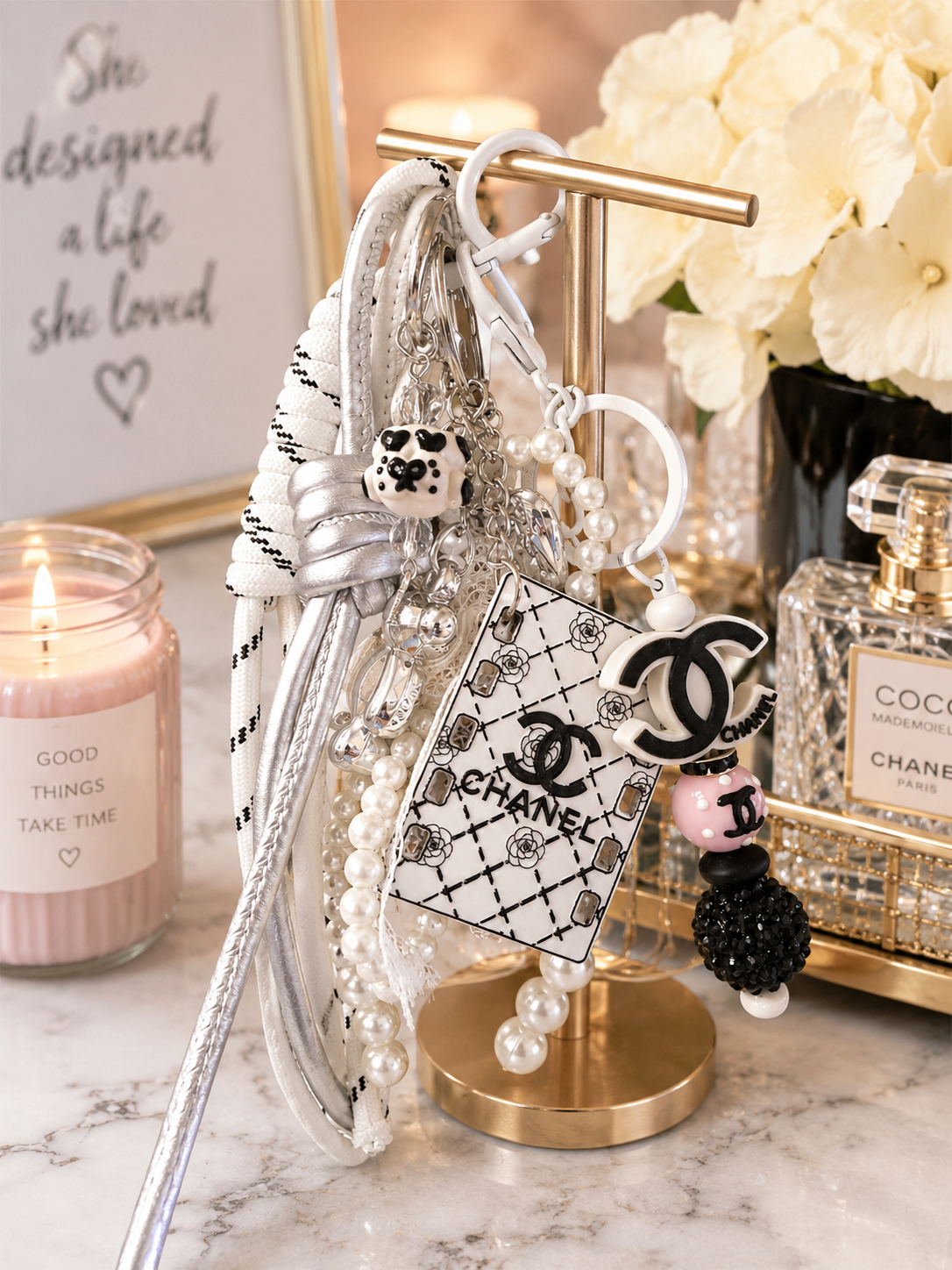 Luxury-Inspired Black & White Bag Charm Purse Chain