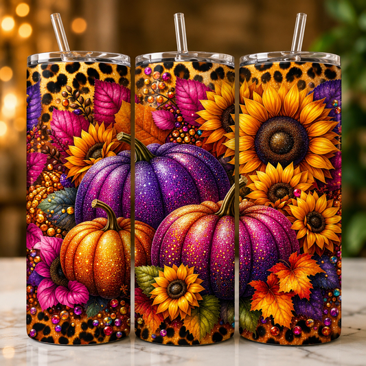 Glitter Purple Pumpkin & Sunflower Leopard Tumbler – 20oz Stainless Steel