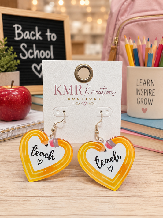 Teacher Heart Pencil Earrings – Acrylic Dangle Earrings