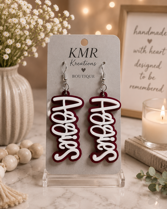 Texas Aggies Script Earrings – Acrylic Dangle Earrings | Maroon & White Game Day Jewelry