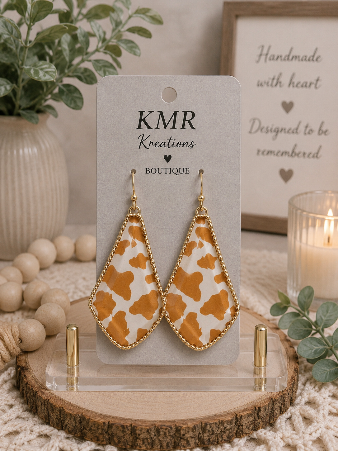 Tan Cow Print Teardrop Earrings