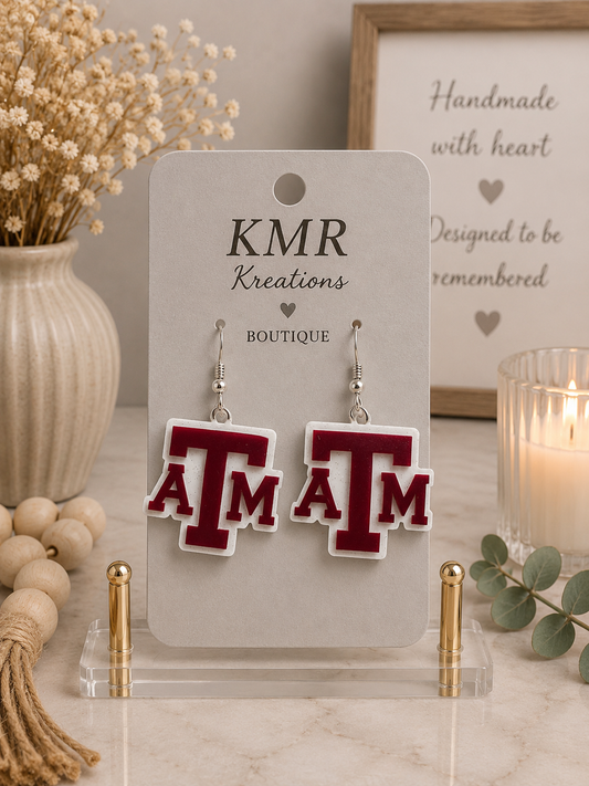 Texas A&M “ATM” Statement Earrings – Maroon & White