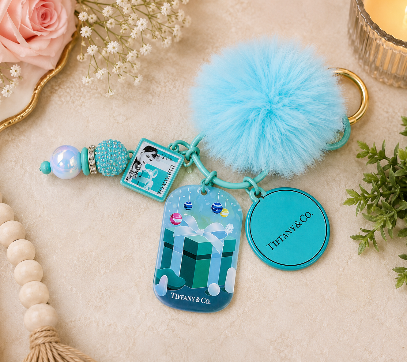 Luxury Tiffany-Inspired Blue Pom Pom Keychain with Gift Box Charm & Beaded Accent