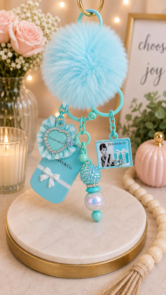Luxury Tiffany-Inspired Blue Pom Pom Keychain with Heart Charm