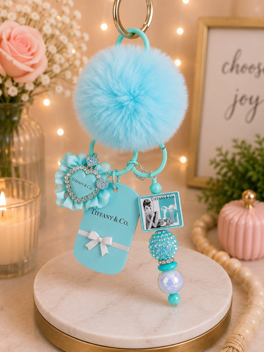 Luxury Tiffany-Inspired Blue Pom Pom Keychain with Rhinestone Heart Charm