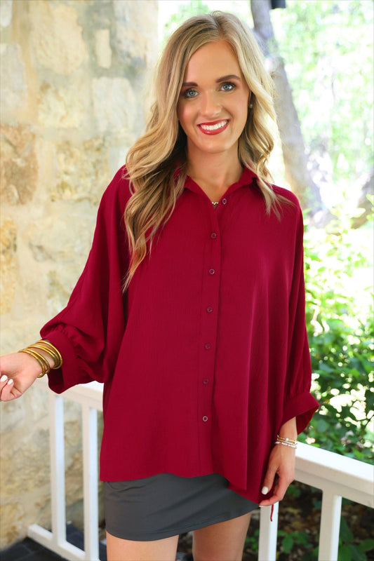 Sloane Button-Up Top – Burgundy