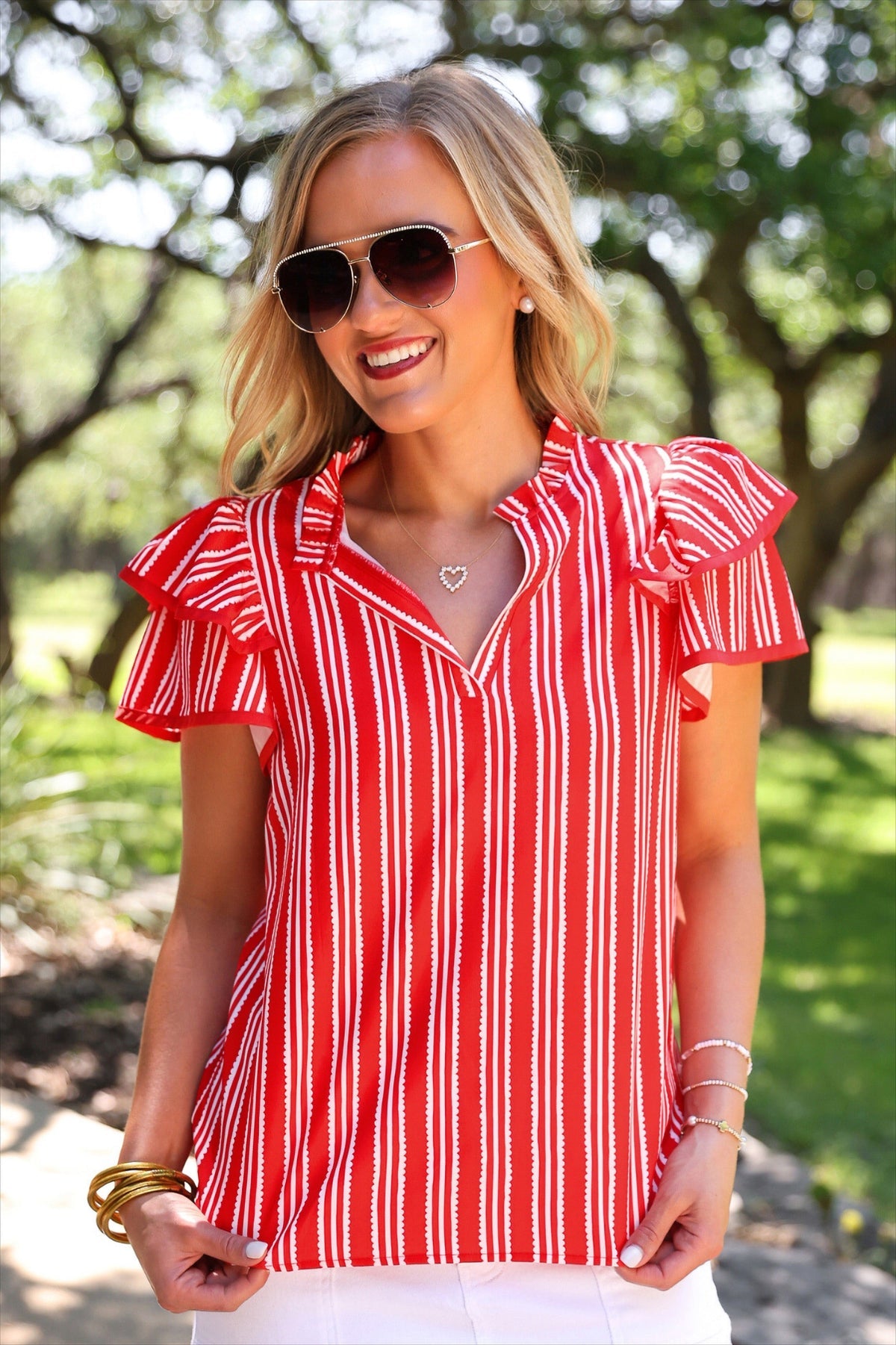 Layla Striped Flutter Sleeve Blouse – Red