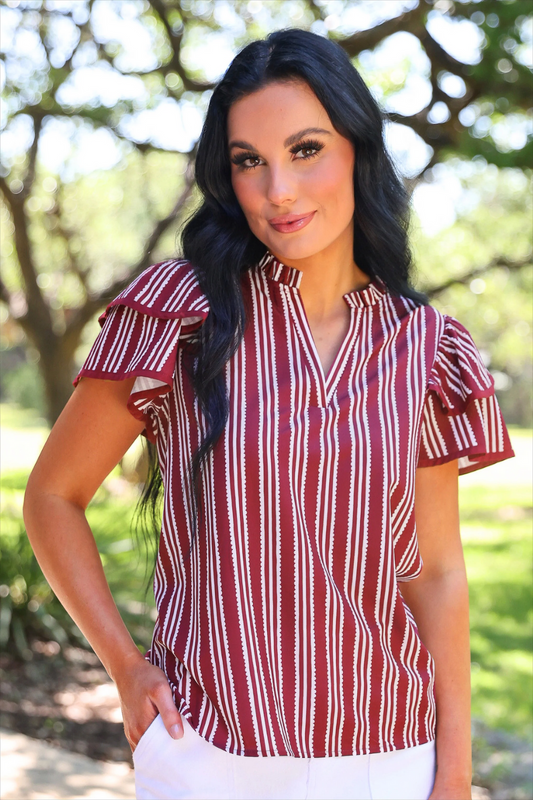 Layla Striped Flutter Sleeve Blouse – Maroon