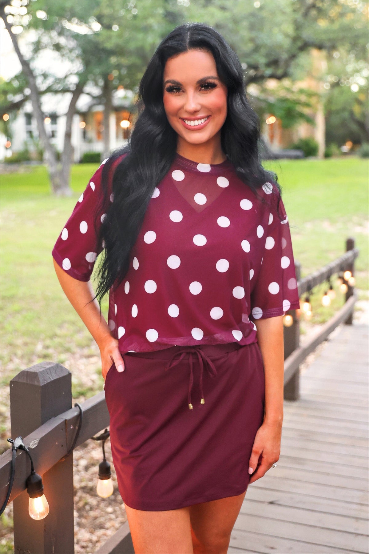 Emma Mesh Tee – Burgundy Polka Dot