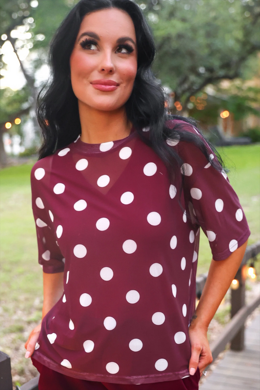 Emma Mesh Tee – Burgundy Polka Dot