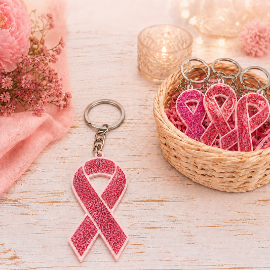 Pink Glitter Breast Cancer Awareness Ribbon Keychain