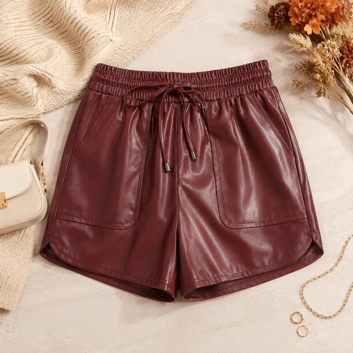 Burgundy Faux Leather Drawstring Shorts