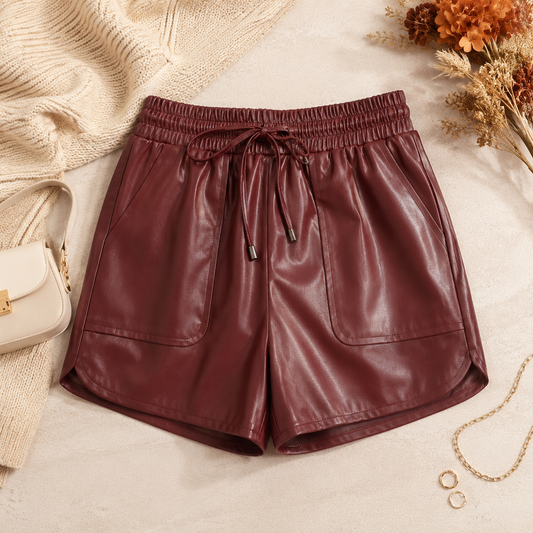 Burgundy Faux Leather Drawstring Shorts