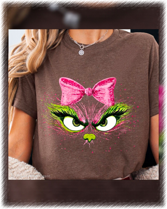 Grinchy Girl Pink Bow Holiday Tee