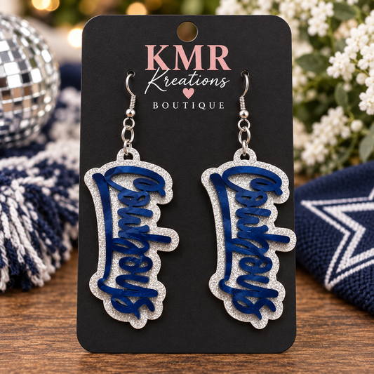Blue Cowboys Script Glitter Earrings