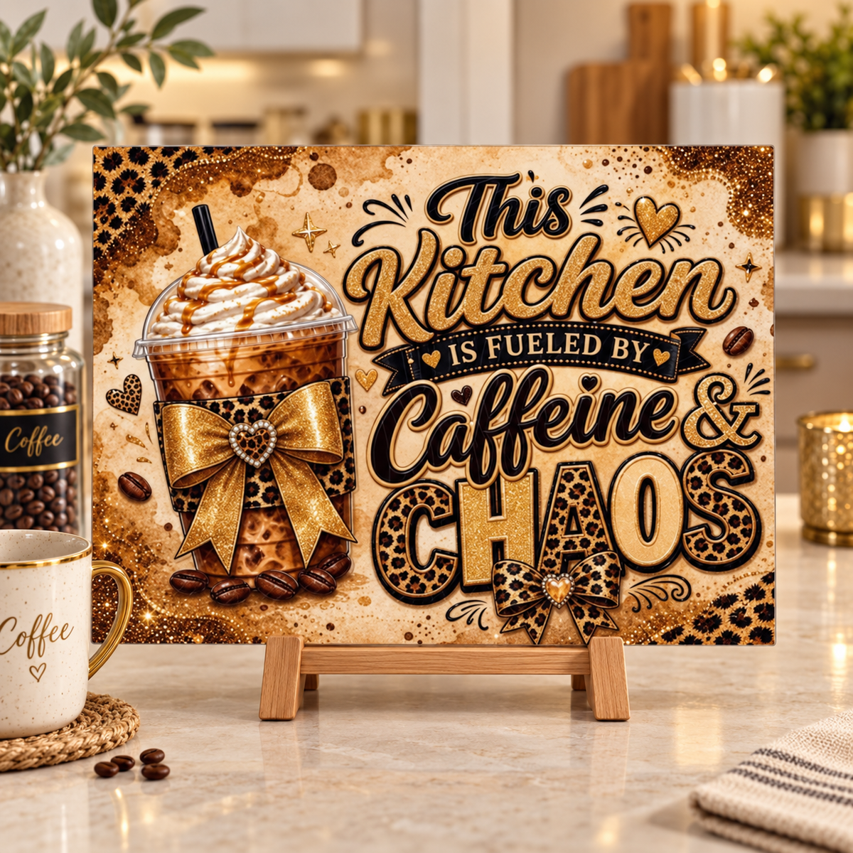 Caffeine & Chaos Glass Cutting Board – 11.5” x 8”