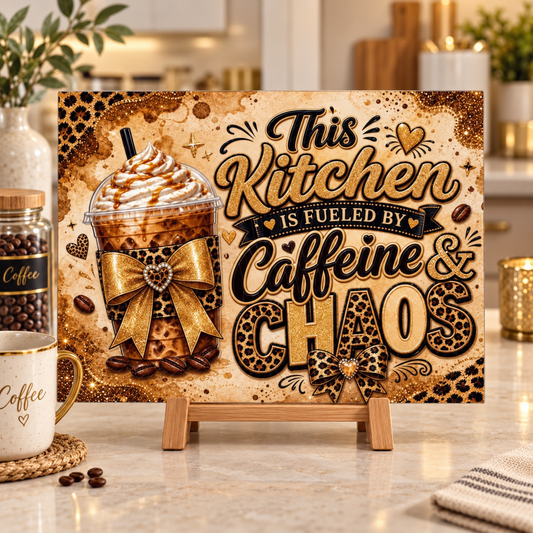 Caffeine & Chaos Glass Cutting Board – 11.5” x 8”
