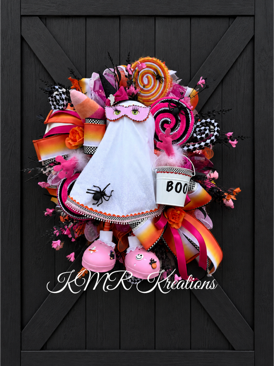 Pink & Orange Ghost Halloween Wreath
