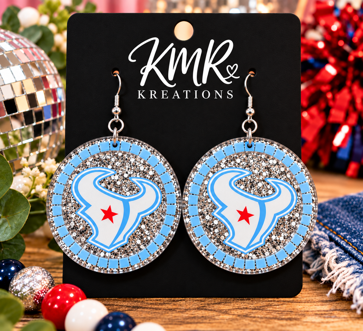 H-Town Football Inspired Glitter Earrings – Light Blue