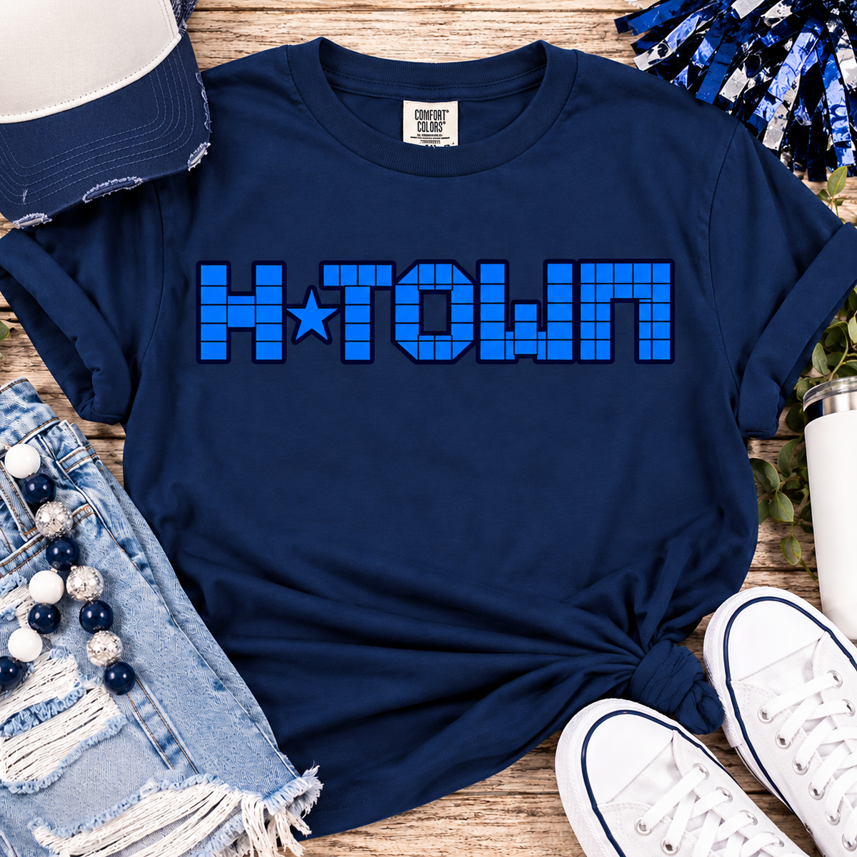 H-Town Blue Check Game Day Tee