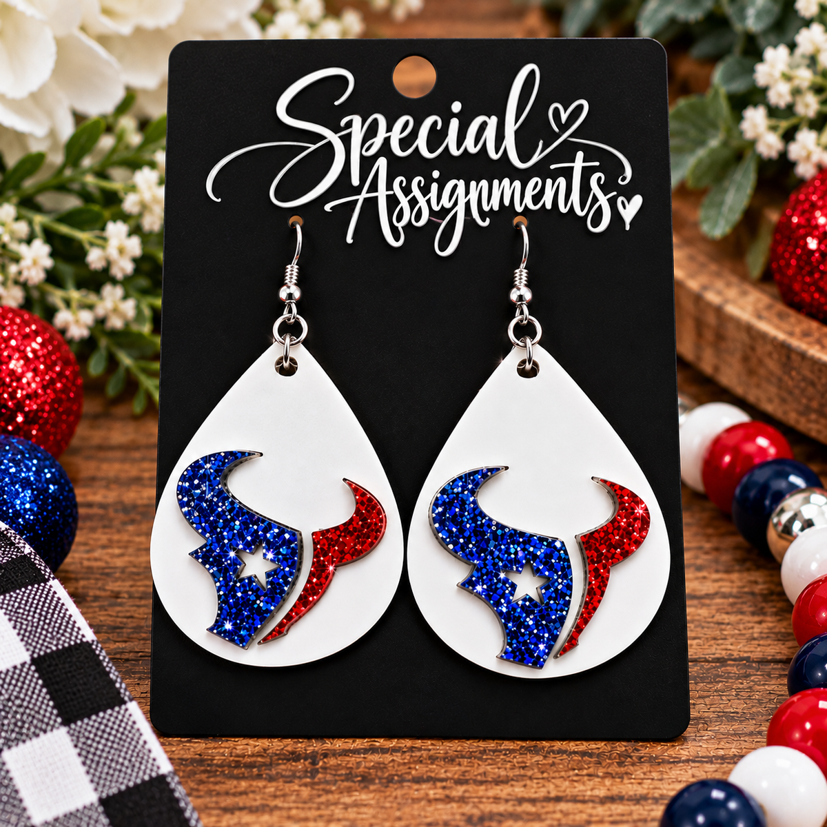 H-Town Inspired Glitter Teardrop Earrings – Red, White & Blue