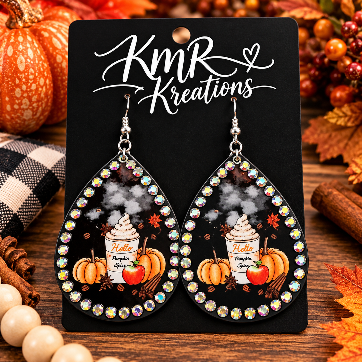 Hello Pumpkin Spice Fall Rhinestone Teardrop Earrings