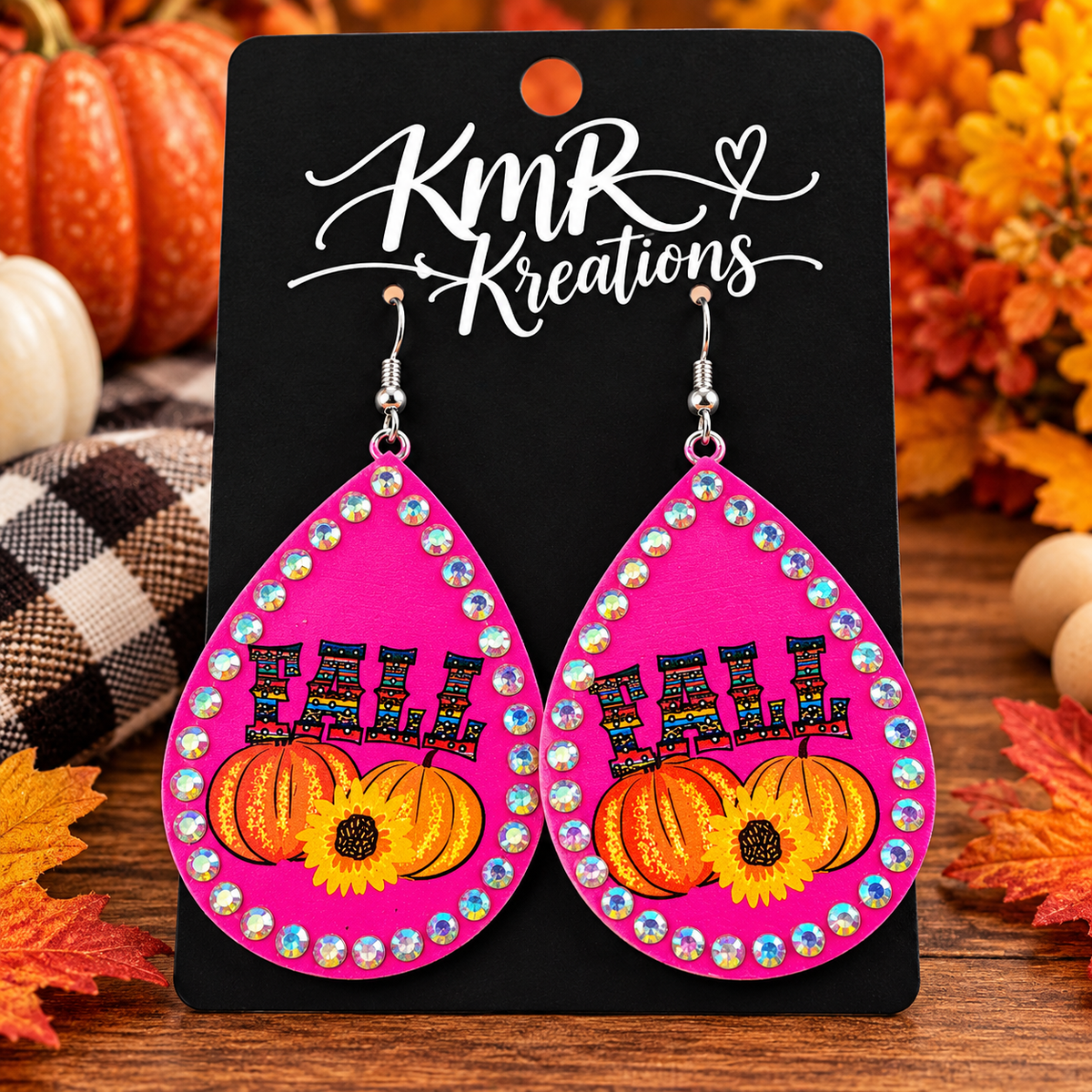 Pink FALL Pumpkin & Sunflower Rhinestone Teardrop Earrings