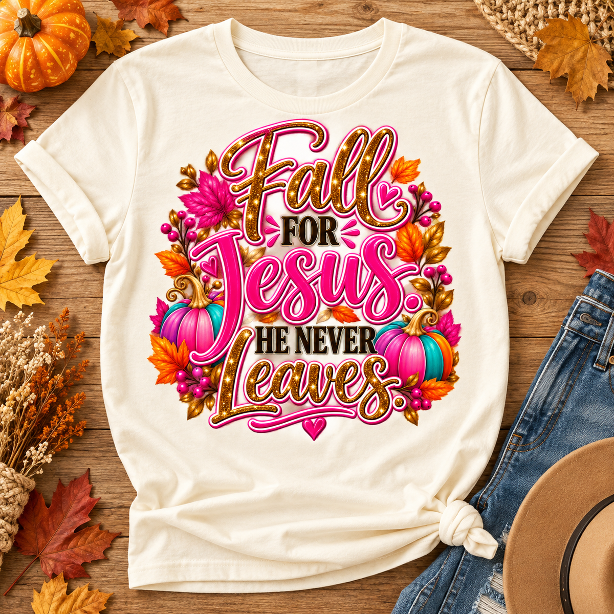 Fall for Jesus He Never Leaves Graphic Tee