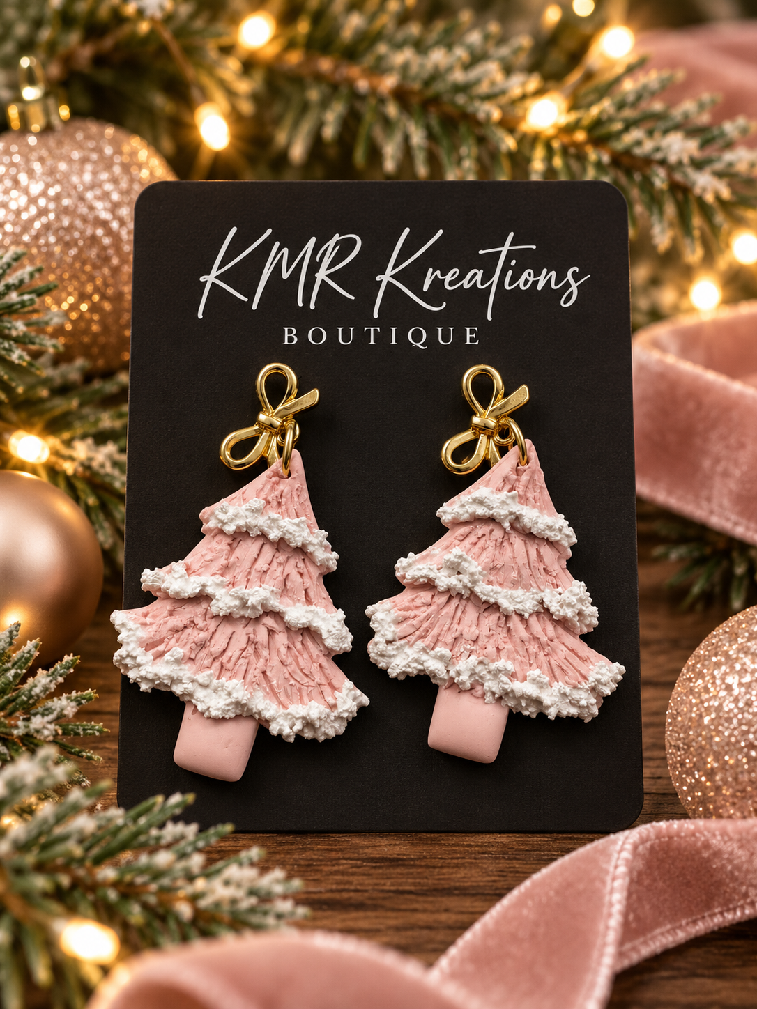 Pink Snowy Christmas Tree Earrings