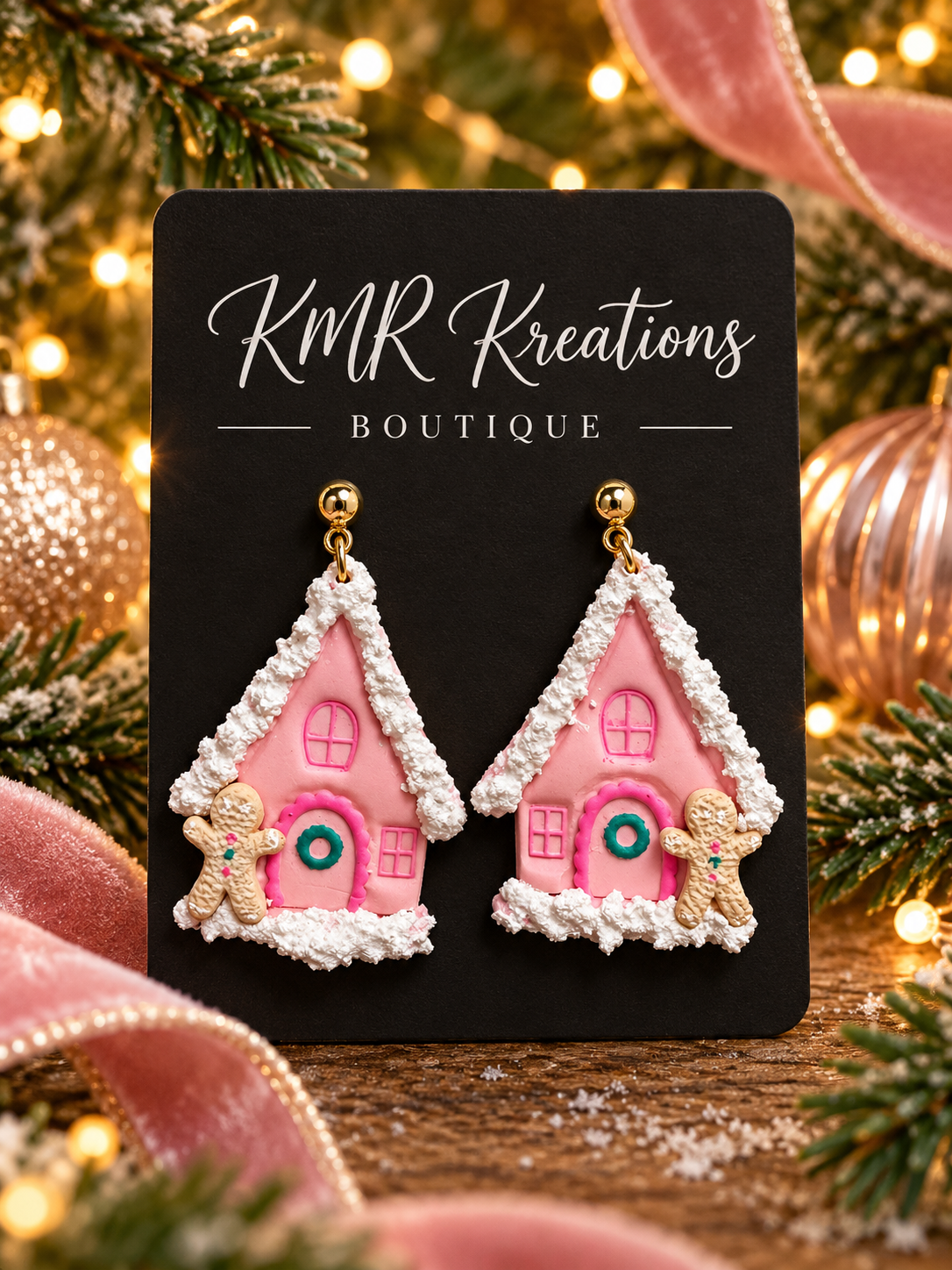 Pink Gingerbread House Christmas Earrings