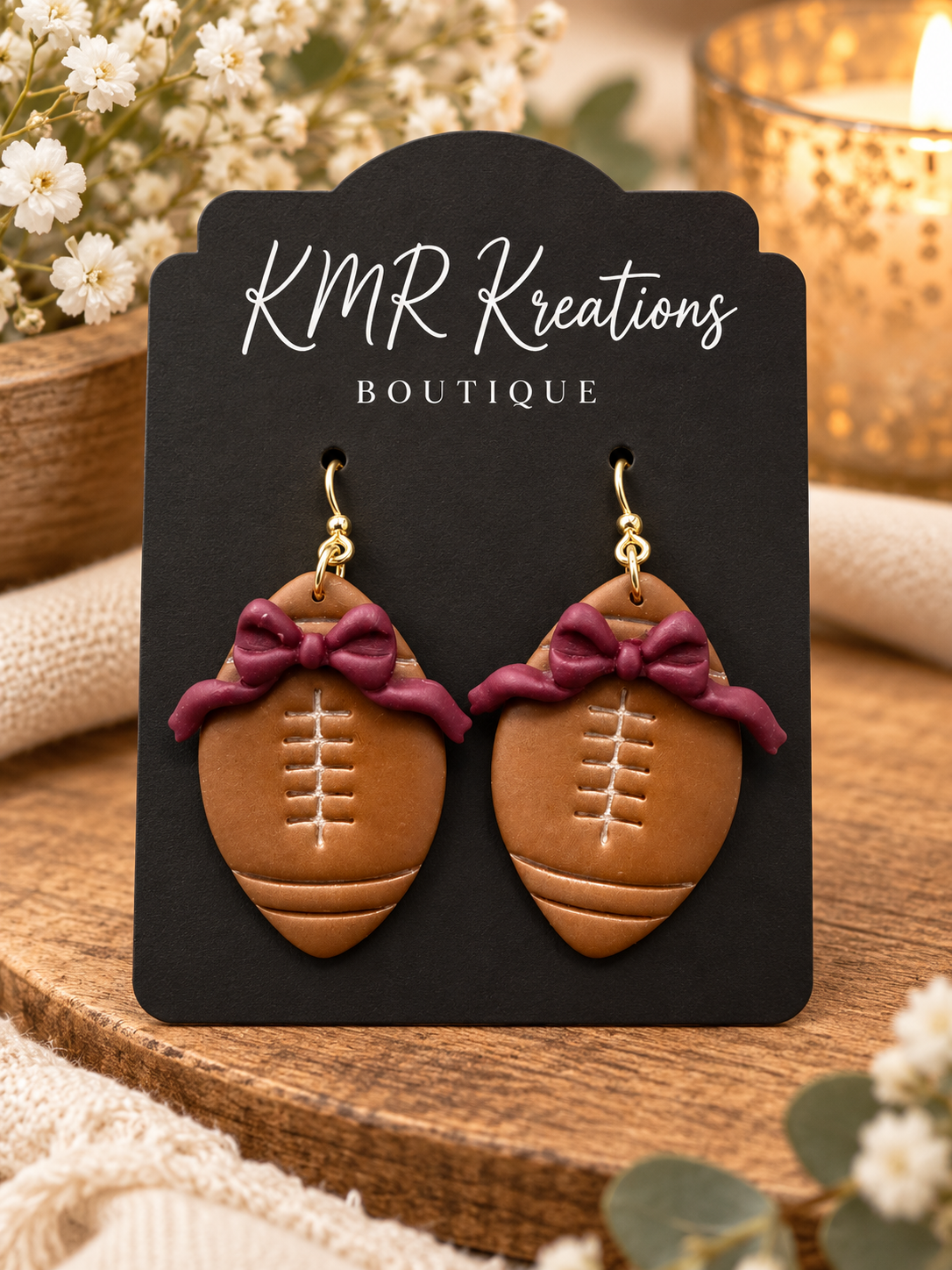 Burgundy Bow Football Earrings