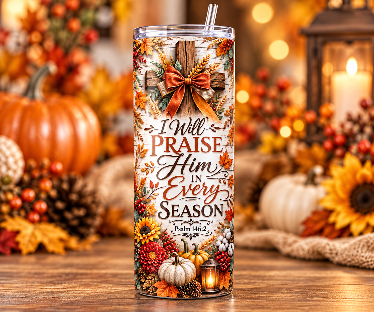 “I Will Praise Him in Every Season” 20 oz Skinny Tumbler